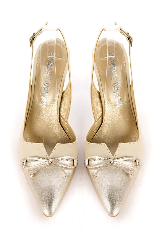 Gold and champagne white women's open back shoes, with a knot. Tapered toe. Very high spool heels. Top view - Florence KOOIJMAN
